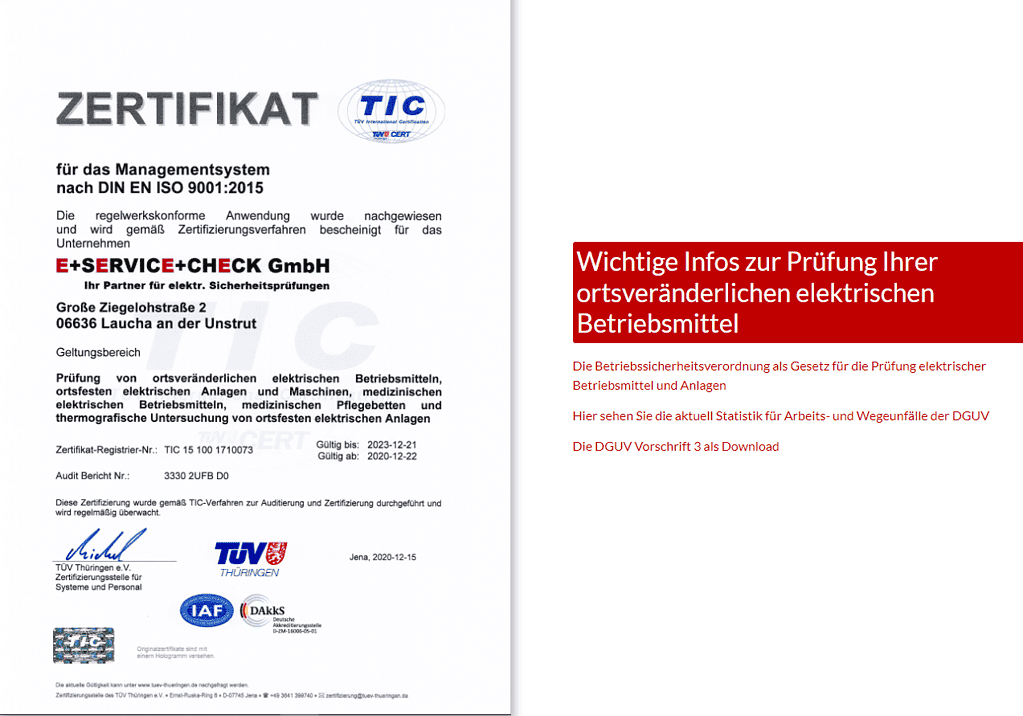 ISO-Zertifikat der E+Service+Check GmbH